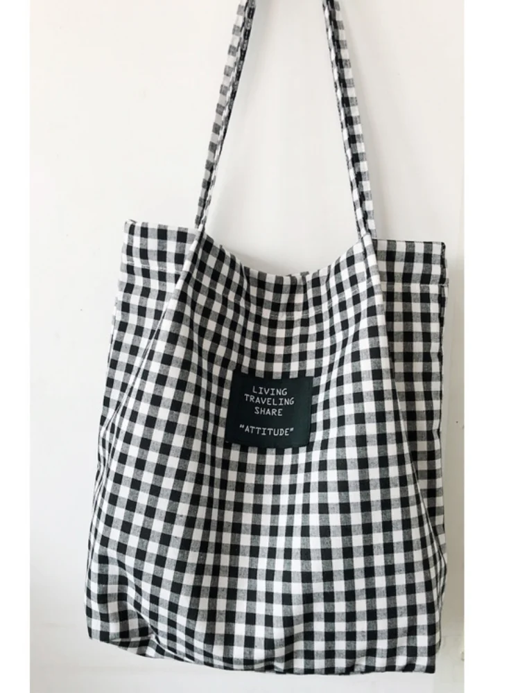 

Fashion Durable Women Student Cotton Linen Single Shoulder Bag Shopping Tote Check Plaid Female Flax Canvas Shopping Bags