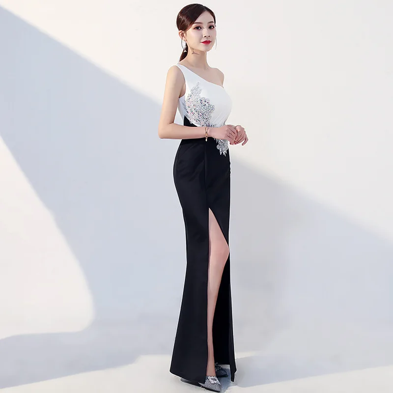 Сексуальное вечернее платье с одним открытым плечом на молнии сзади высоким