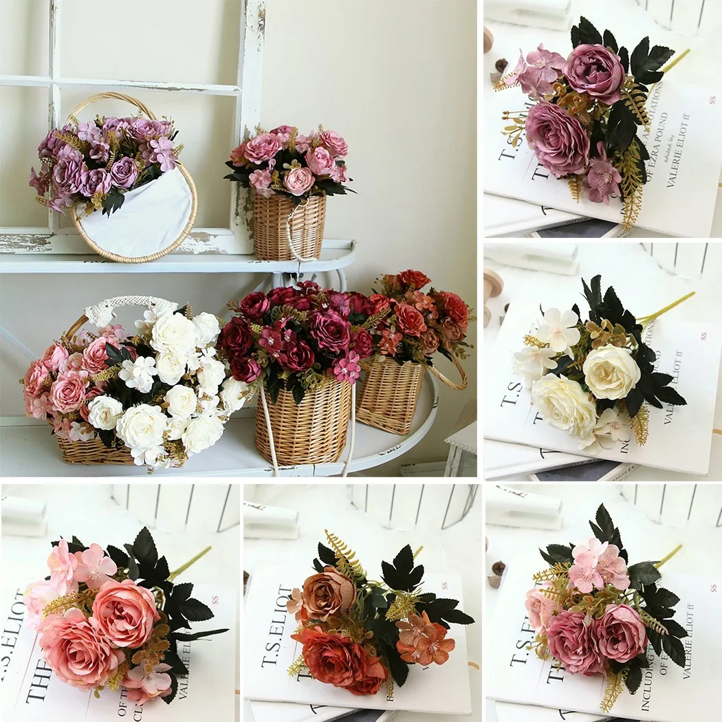 

1 Bouquet Flowers *Height:30cm Artificial Silk Hand Bouquet Mixed Artificial Flowers Peony Rose Hydrangea Decor