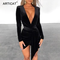 articat velvet knotted deep v neck dresses sexy women long sleeve bodycon bandage club party vestidos elegant ladies black dress