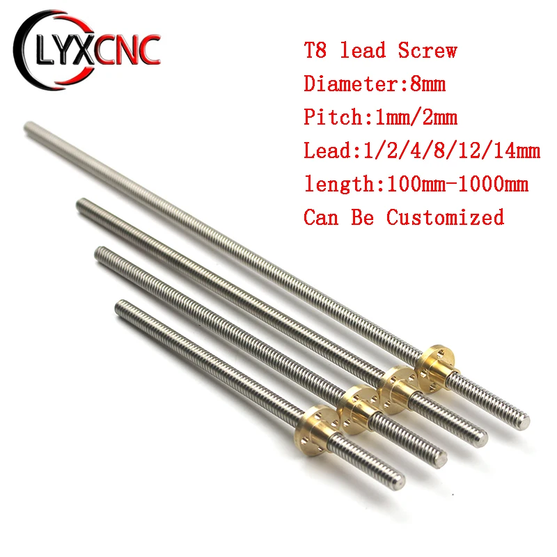 T8 Lead Screw Diameter 8mm Lead 1/2/4/8/12/14m Pitch 1/2mm Length 100-1000mm Trapezoidal Screw With Brass Nut For 3D Printer