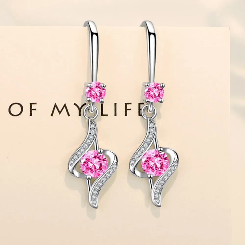 

925 Sterling Silver New Woman Fashion Jewelry High Quality Retro Hollow Blue Pink Crystal Zircon Long Tassel Hook Earrings