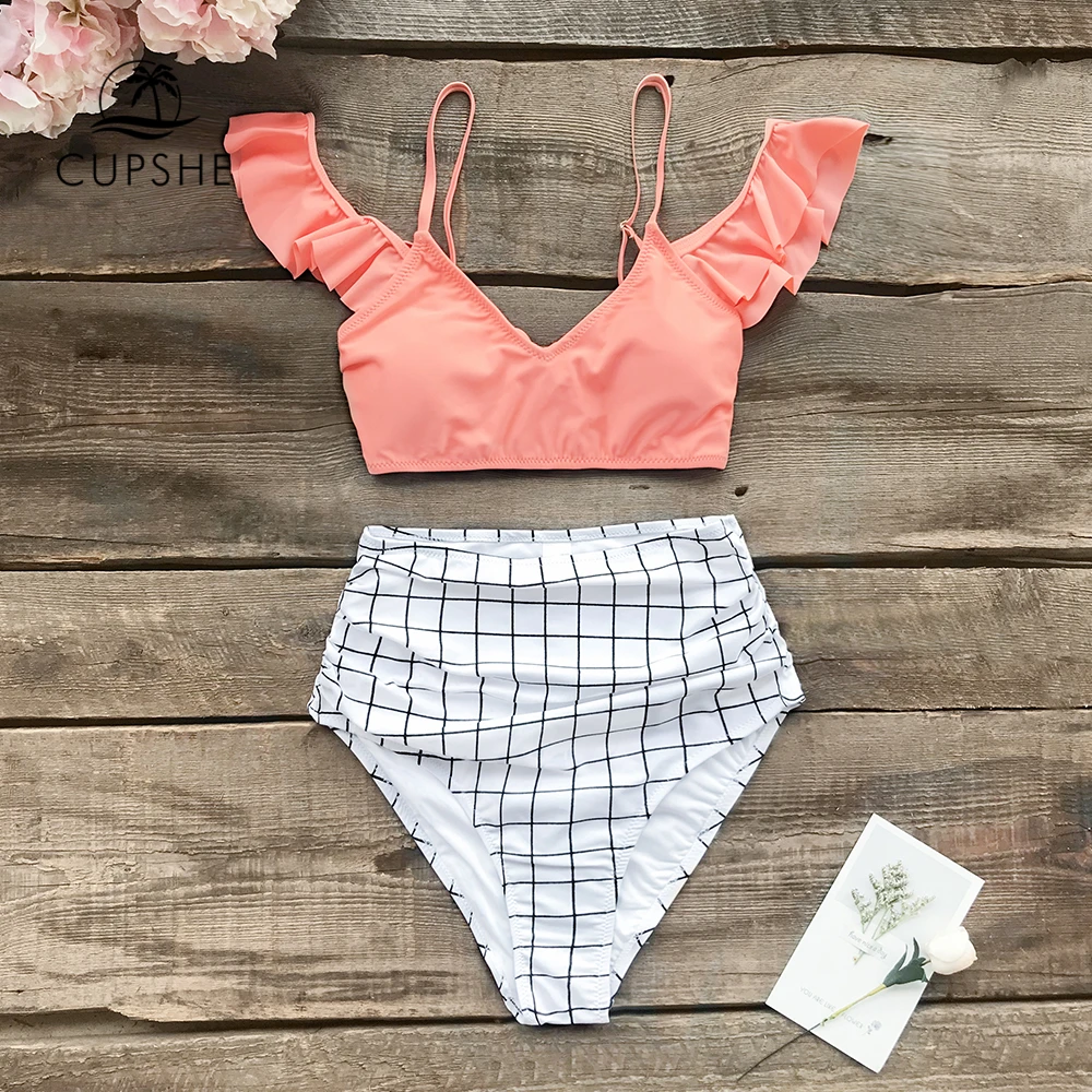 CUPSHE/розовые и клетчатые комплекты бикини с высокой талией женские сексуальные