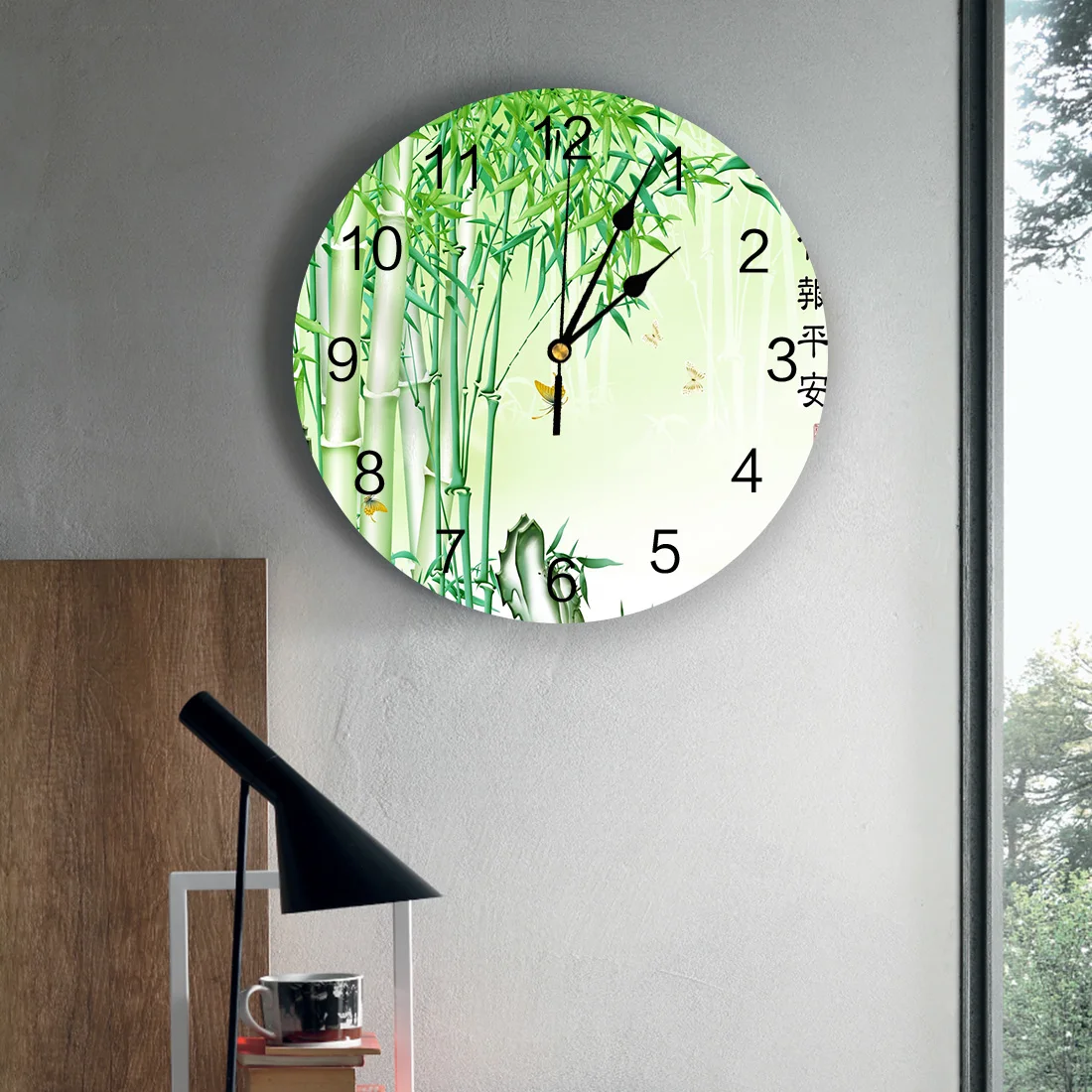 Настенные круглые часы из ПВХ с зеленым бамбуковым лесом | Дом и сад