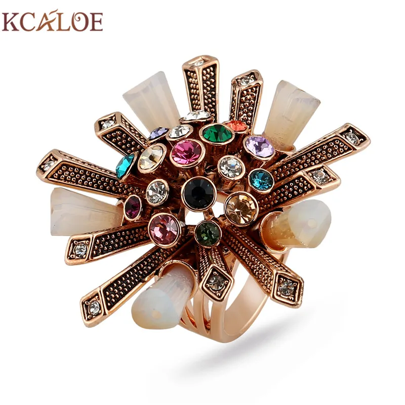 KCALOE Colorful Rhinestone Cubic Zirconia Ring Antique Rose Gold Color Crystal Column Big Flowers Wedding Women Rings Jewellery | Украшения