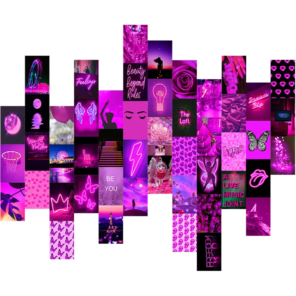 

50Pcs Purple Neon Aesthetic Wall Collage Kit Home Decoration Posters Violet Ornament Photo Gift for Bedroom Living Room Decor