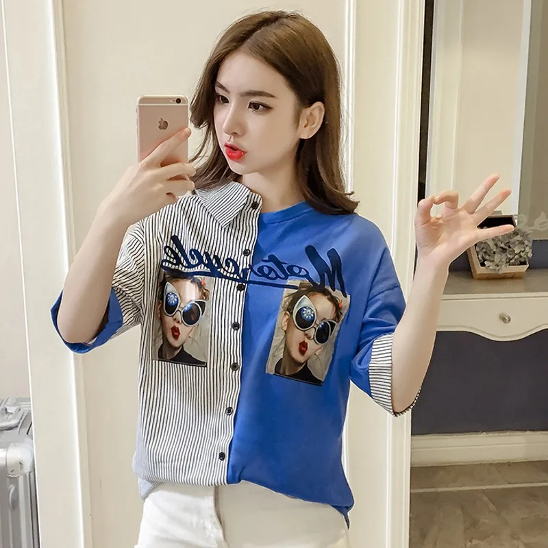 

Новинка 2021, рубашка в стиле пэчворк, женские модные рубашки в полоску с принтом, свободные женские топы с коротким рукавом, Женская Повседне...