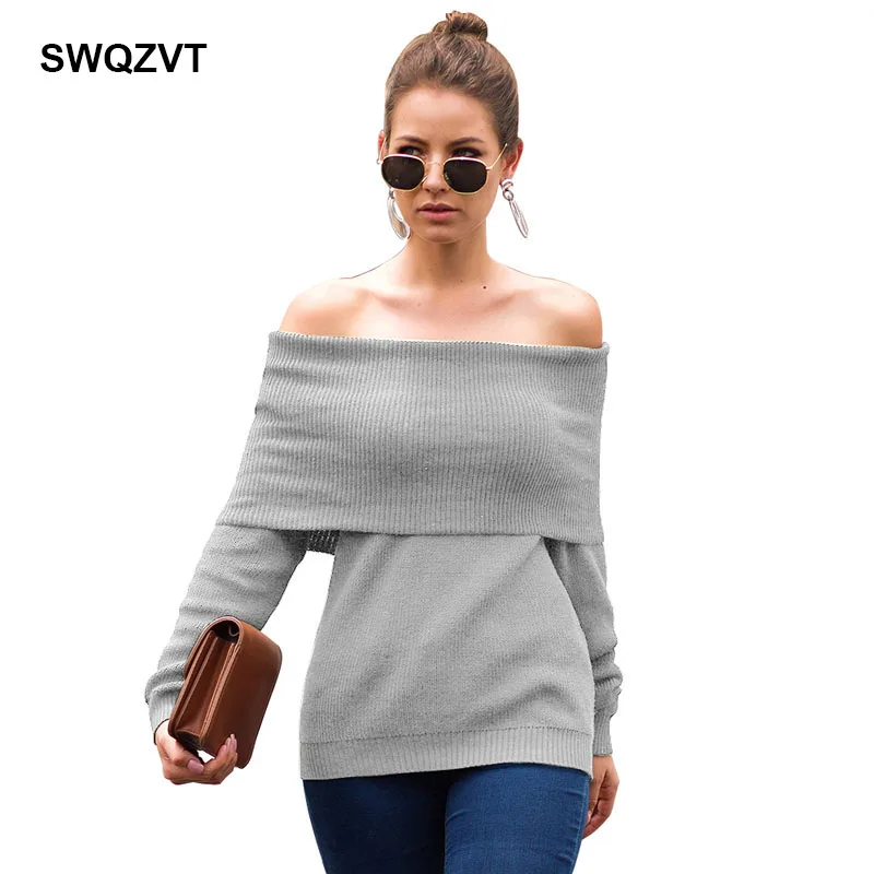 Женский трикотажный свитер облегающий пуловер с открытыми плечами на осень и
