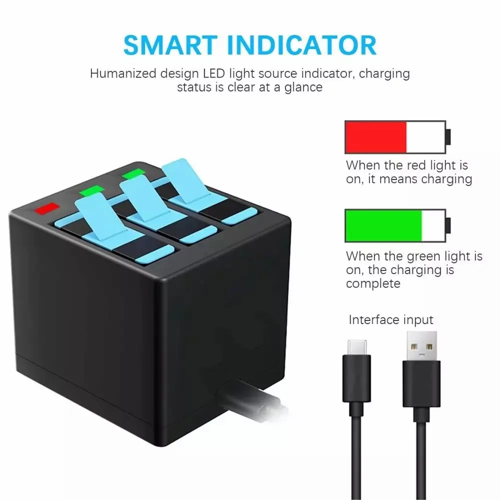 

Fast Charging Black Battery or Triple Charger for GoPro Hero 8 Hero 7 Hero 6 Hero 5 Black Camera Battery