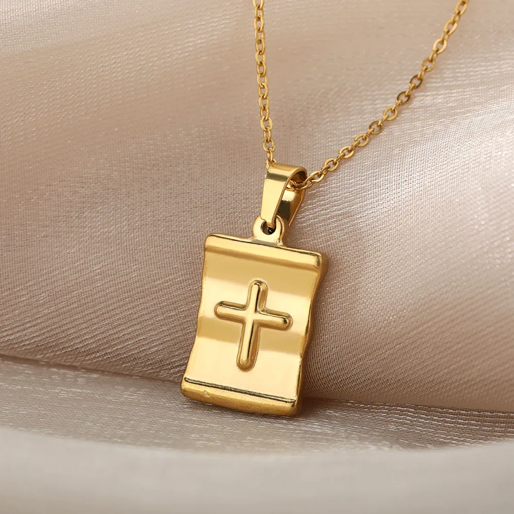 

Stainless Steel Christ Cross Pendant Necklaces For Women Gold Religious Portrait Rectangular Charm Statement Necklace Jewelry