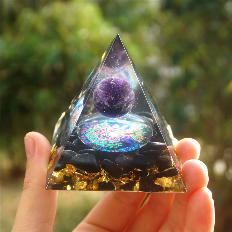 

Handmade Amethyst Crystal Sphere Orgone Pyramid Copper Blue Quartz EMF Protection Energy Orgonite
