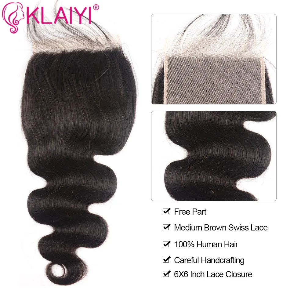 KLAIYI бразильские волосы remy, 5*5, свободная часть, натуральный черный цвет, человеческие волосы, волнистые волосы на шнуровке