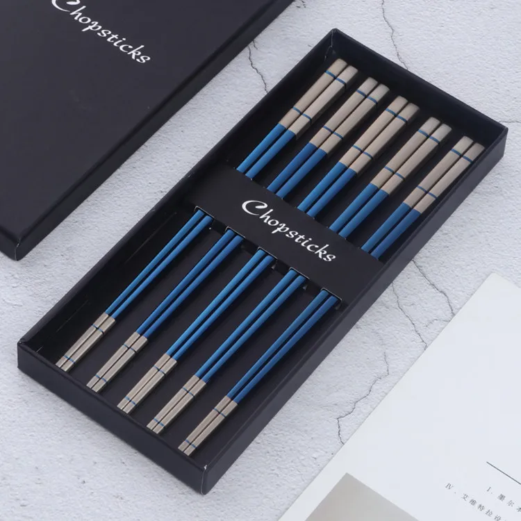 Blue-10 Pairs 10 пар Squre нержавеющая сталь Палочки для еды лазерная гравировка узоры еды палочки портативные многоразовые палочки для суши с подарочной коробкой - Цвет: Blue-10 Pairs