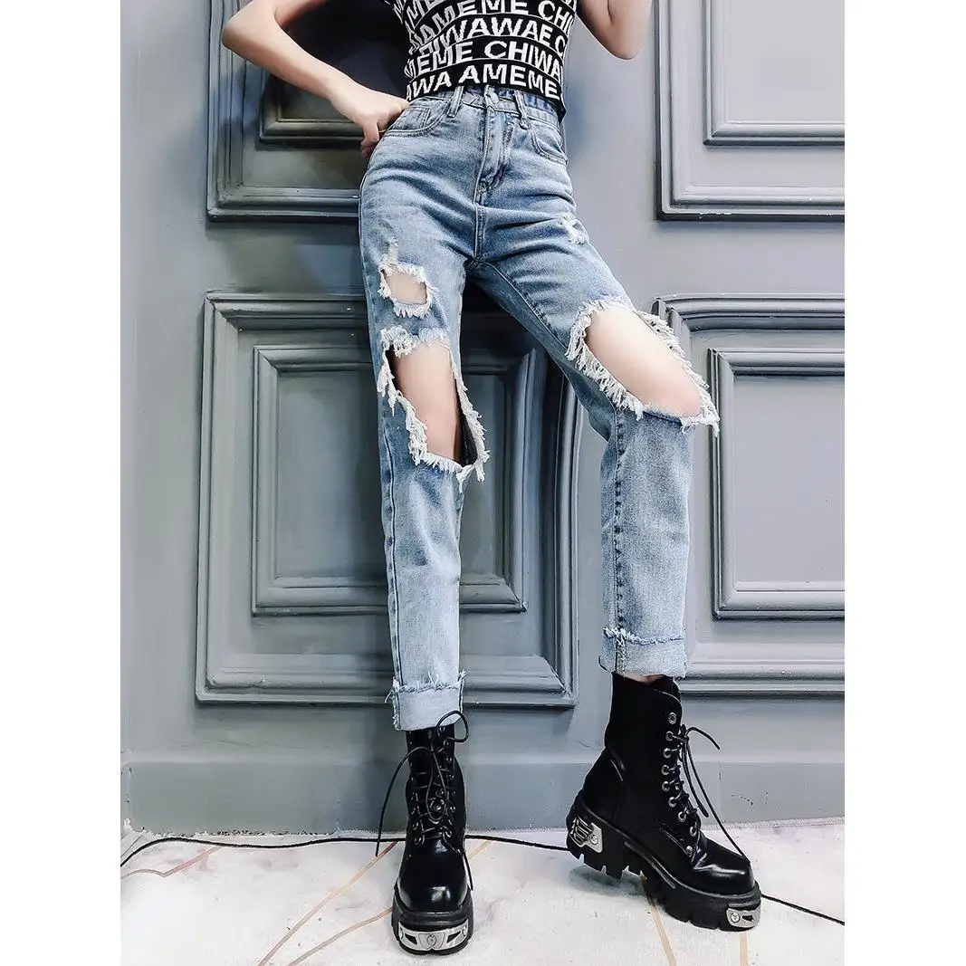 Весна-лето-осень 2020 новые женские модные повседневные джинсовые брюки рваные