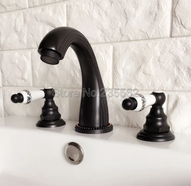 

Black Oil Rubbed Brass Deck Mounted Dual Handles Widespread Bathroom 3 Holes Basin Faucet Mixer Water Taps Lhg060