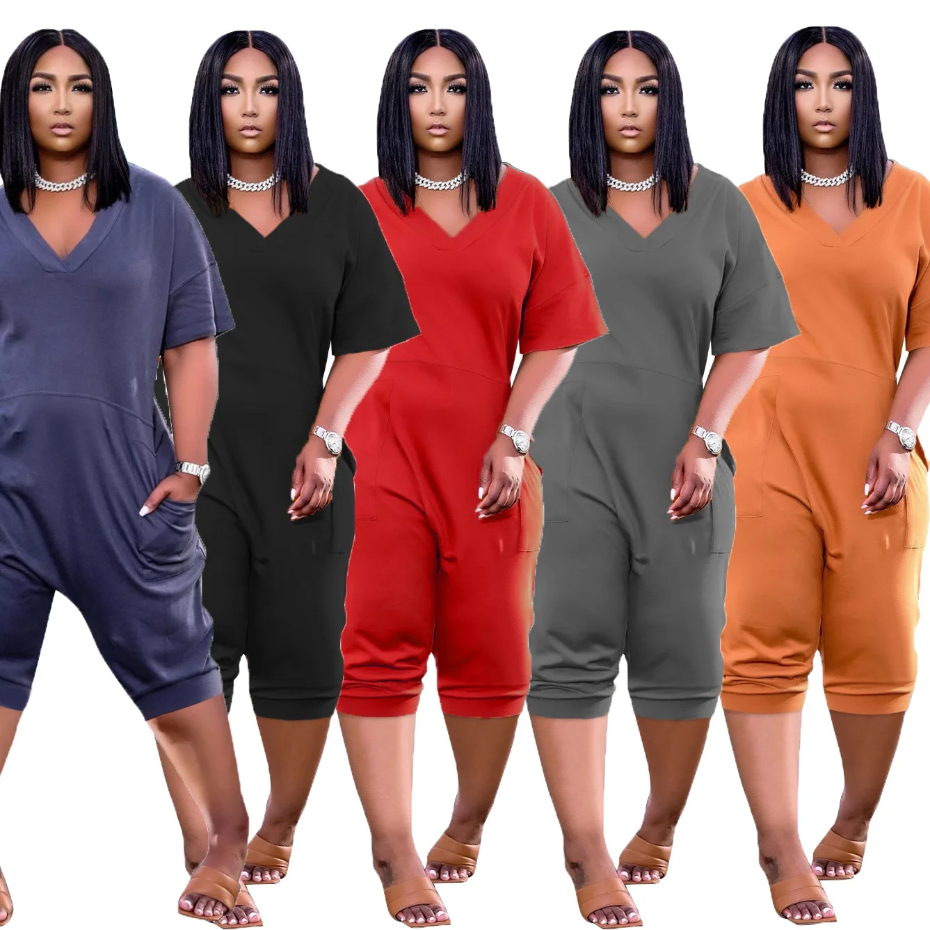 

Urban Style Women's Clothing Fashion Loose Fitting Solid Color Sexy Short Sleeved V Neck Zipper Pocket Casual Cropped Jumpsuit