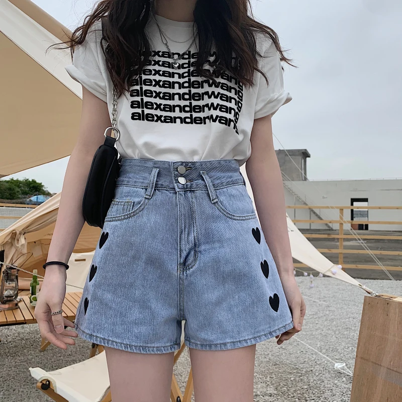 

2021 Summer South Korea New Love Embroidery Jeans High Waist Slimming Retro A-Line Loose Wide-Legged Denim Shorts Women 1006