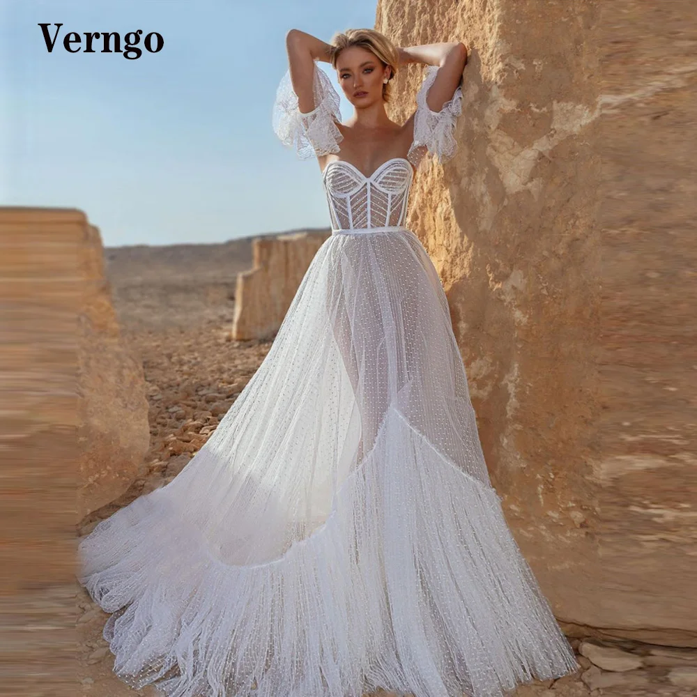 

Verngo Eleagnt Dotted Tulle Wedding Dresses Sweetheart Bones See Through Sweep Train Fairy Wedding Bridal Dress Robe de mariage