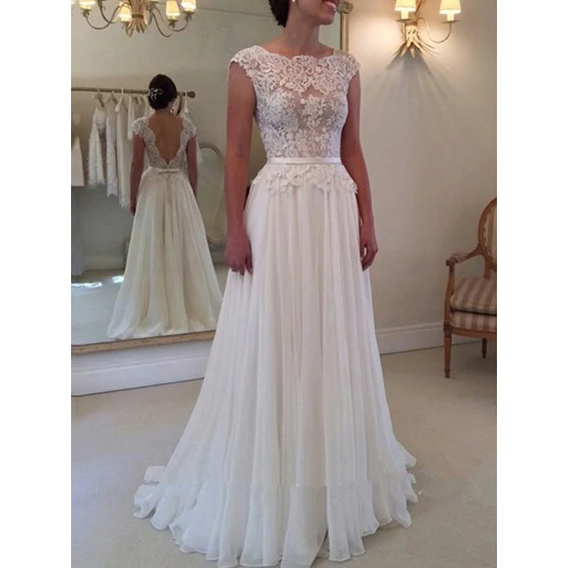 

Elegant Beach Wedding Dress Scoop Cap Sleeve Bride Dress Chiffon Lace Backless Sweep Train Bridal Gowns Vestido De Noiva