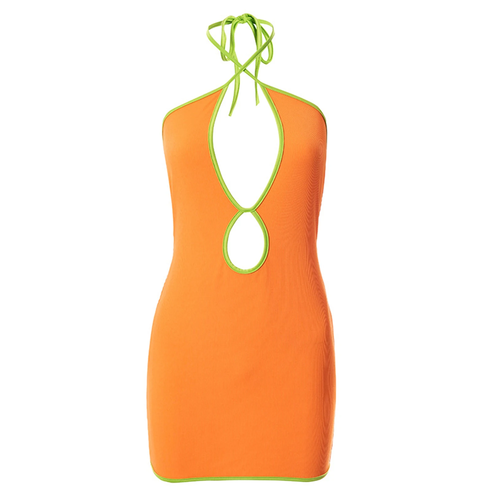 

Ladies Sexy Hollow Dress, Summer Women Contrast Color Hanging Neck Tie Up Sleeveless Backless Slim Short Skirt