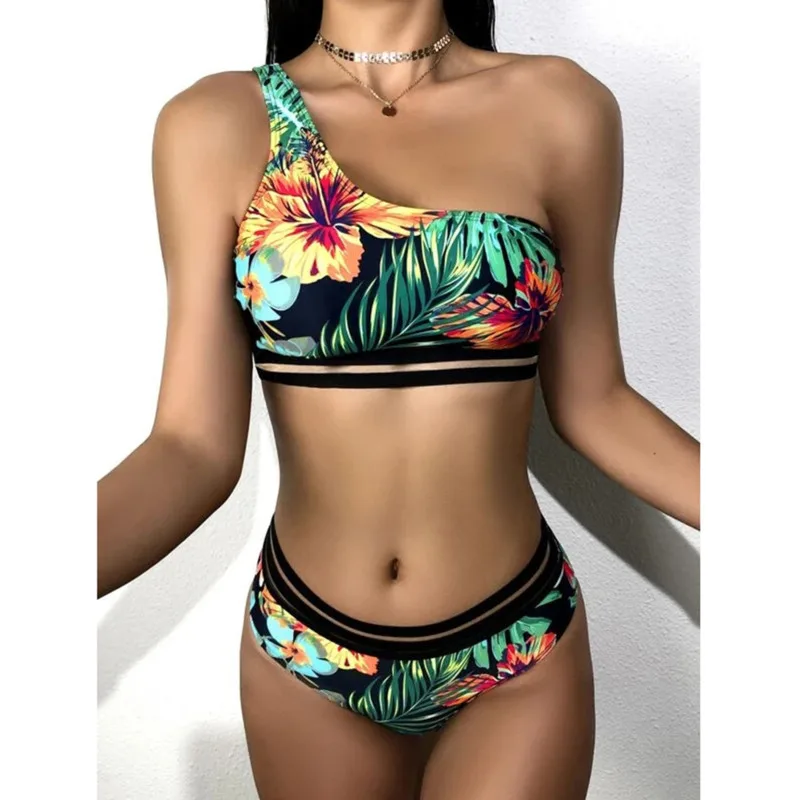 

2021 Two Piece Bikini Suit Female Sexy Summer Beach Swimwear Suits Women Colorful Flower Print High Waist Bikinis Set