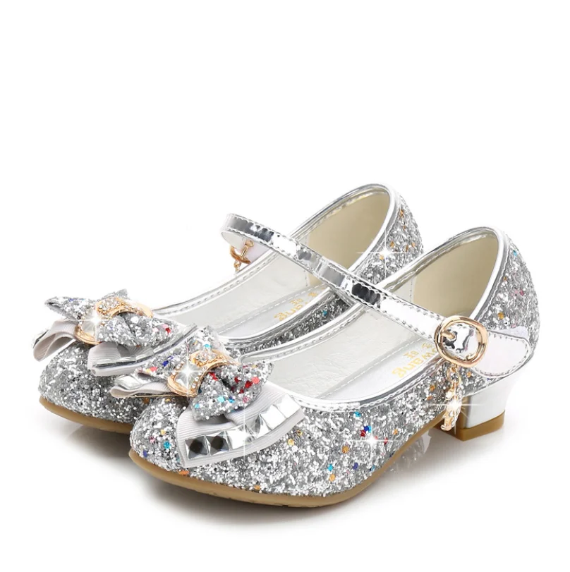 Детские кожаные туфли принцессы для девочек повседневные блестящие с цветами и