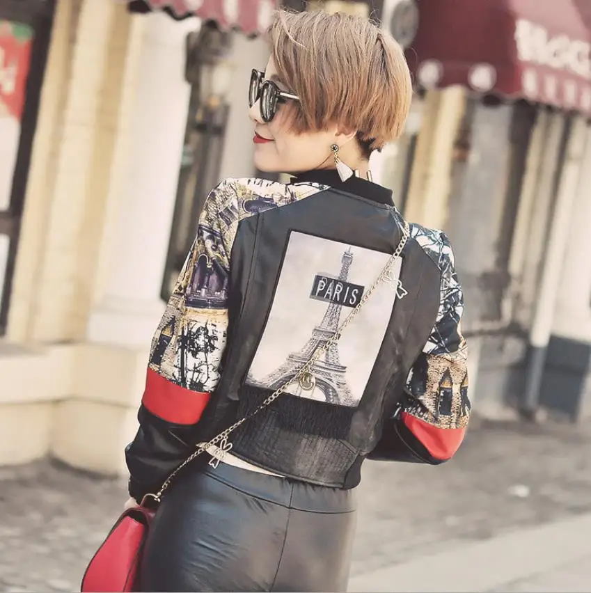 Куртка женская из натуральной кожи бейсбольная форма с принтом в стиле пэчворк