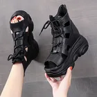 Сандалии женские на платформе и каблуке, черные туфли с перекрестной шнуровкой, из ПУ кожи, 2021