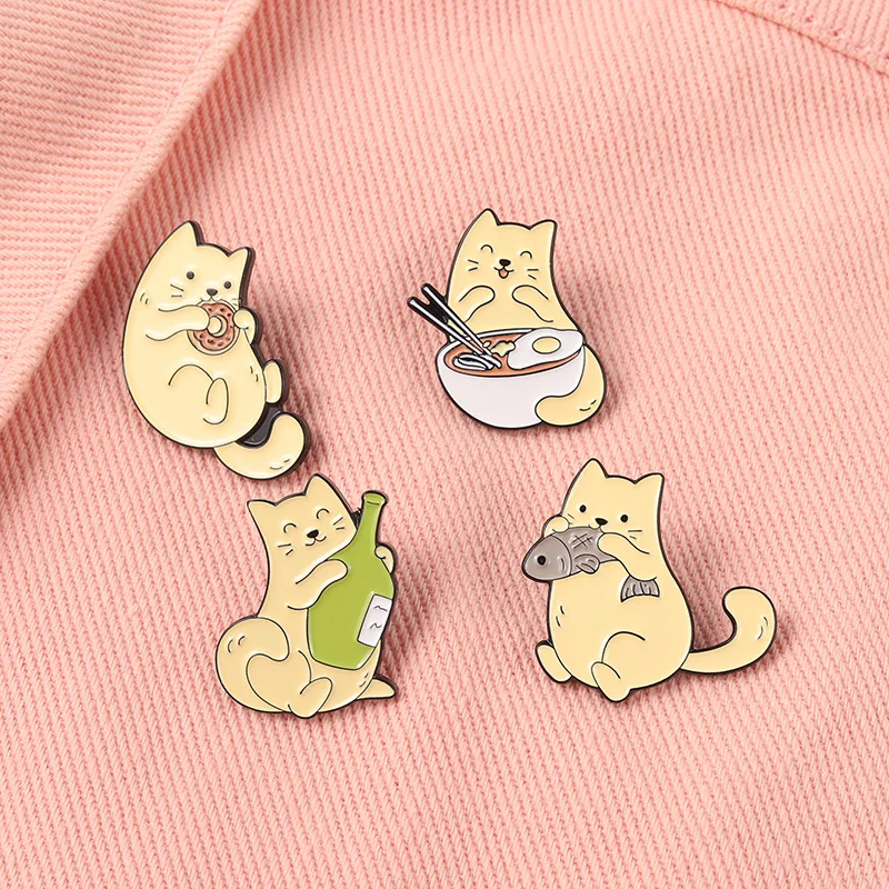 

1PC Cat and Fish Enamel Pins Cat Eating Food Donuts Noodle Badge Sweet Cute Pinback Buttons Accessories Animal Cat Lover Gifts