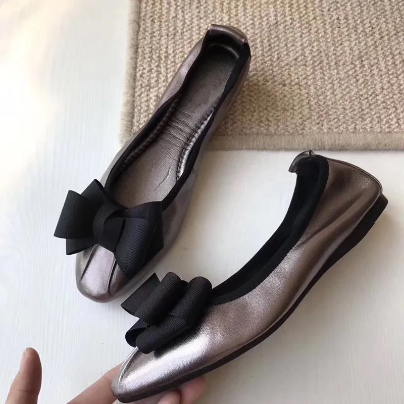 

Туфли женские кожаные с бантом, мягкая подошва, балетки, повседневная обувь для беременных, черные, большие размеры, весна