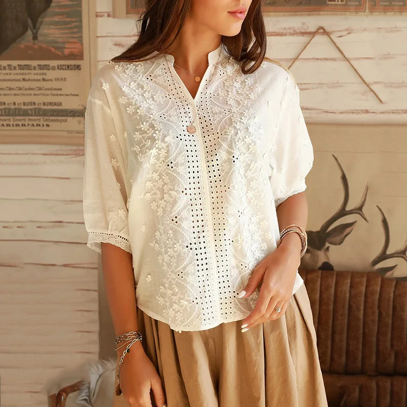 Женская Повседневная белая блузка с треугольным вырезом и коротким