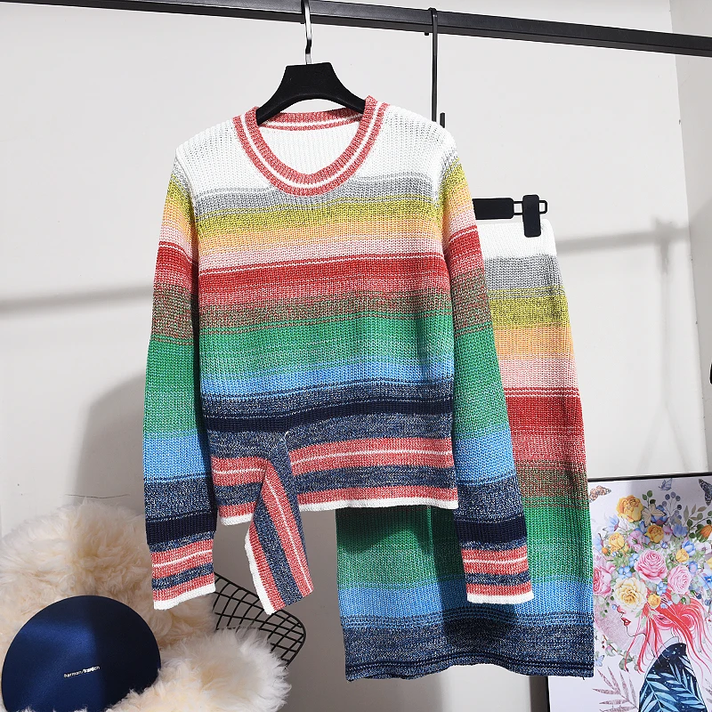 Осенние радужные полосатые вязаные женские комплекты из двух частей 2020 осенние