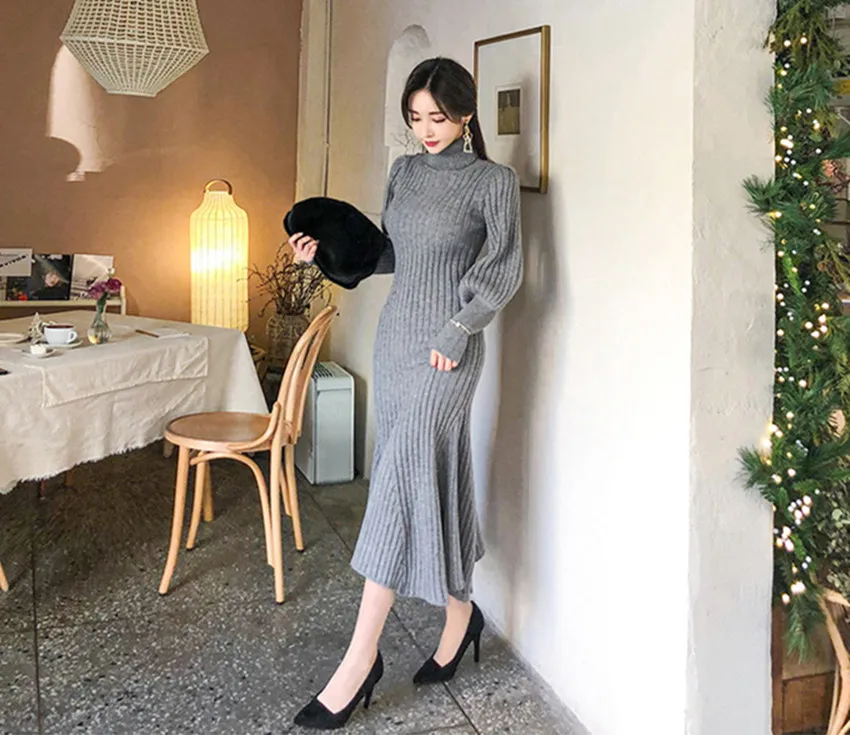 

Women High Collar Knitted Sweater Dress Elegant Winter Lantern Sleeve Knit Thick Warm Bodycon White Mermaid Midi Dresses