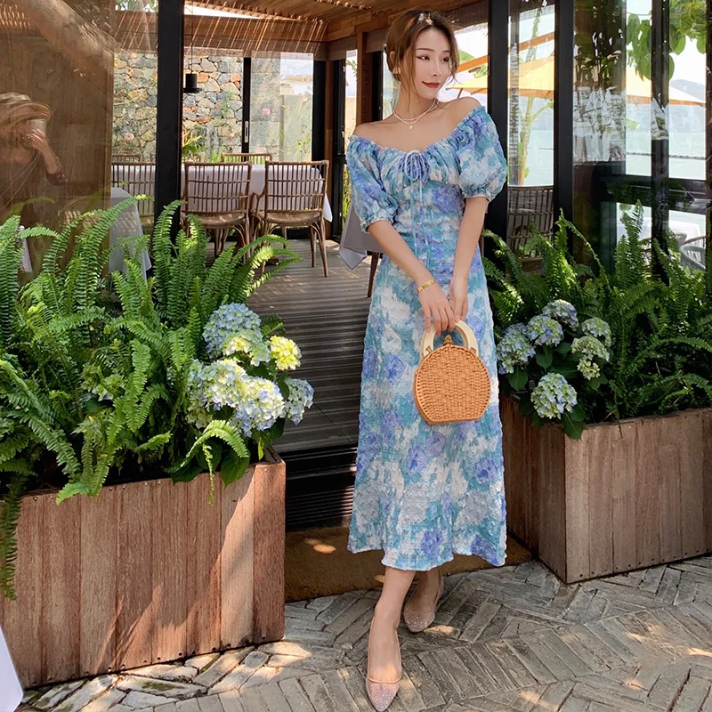 

French retro heavy canvas printing dress holiday beach skirt to show thin summer dress party led bind to receive the waist