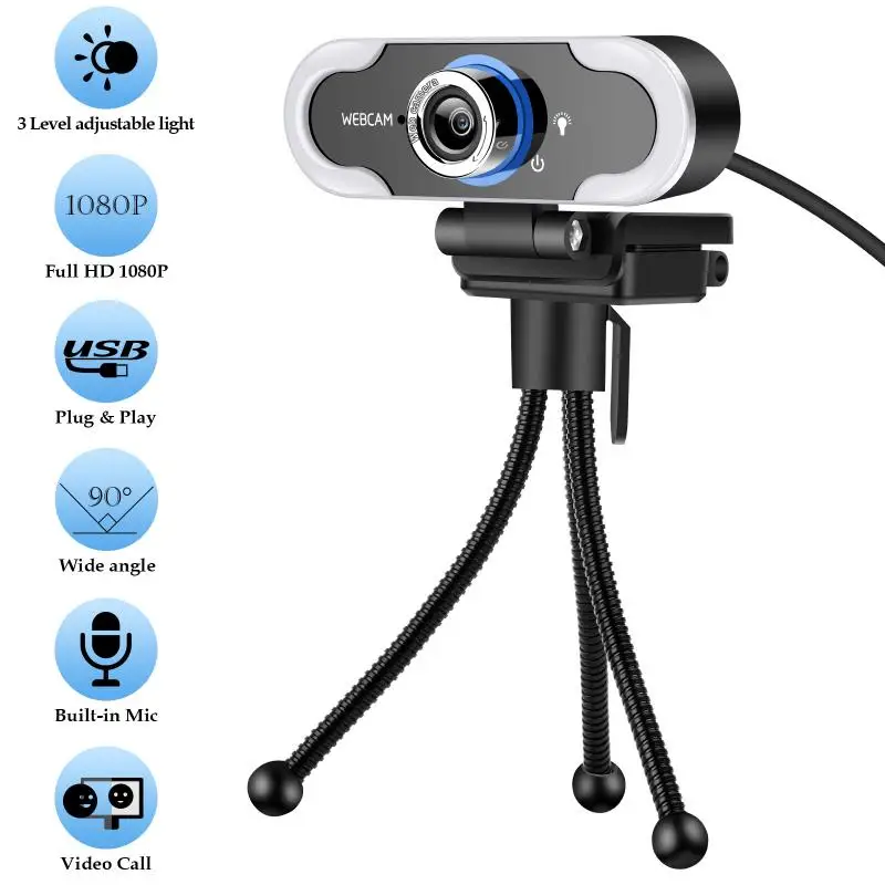 

USB Webcams With LED Light HD 1080P Webcam With Microphone PC Laptop Desktop