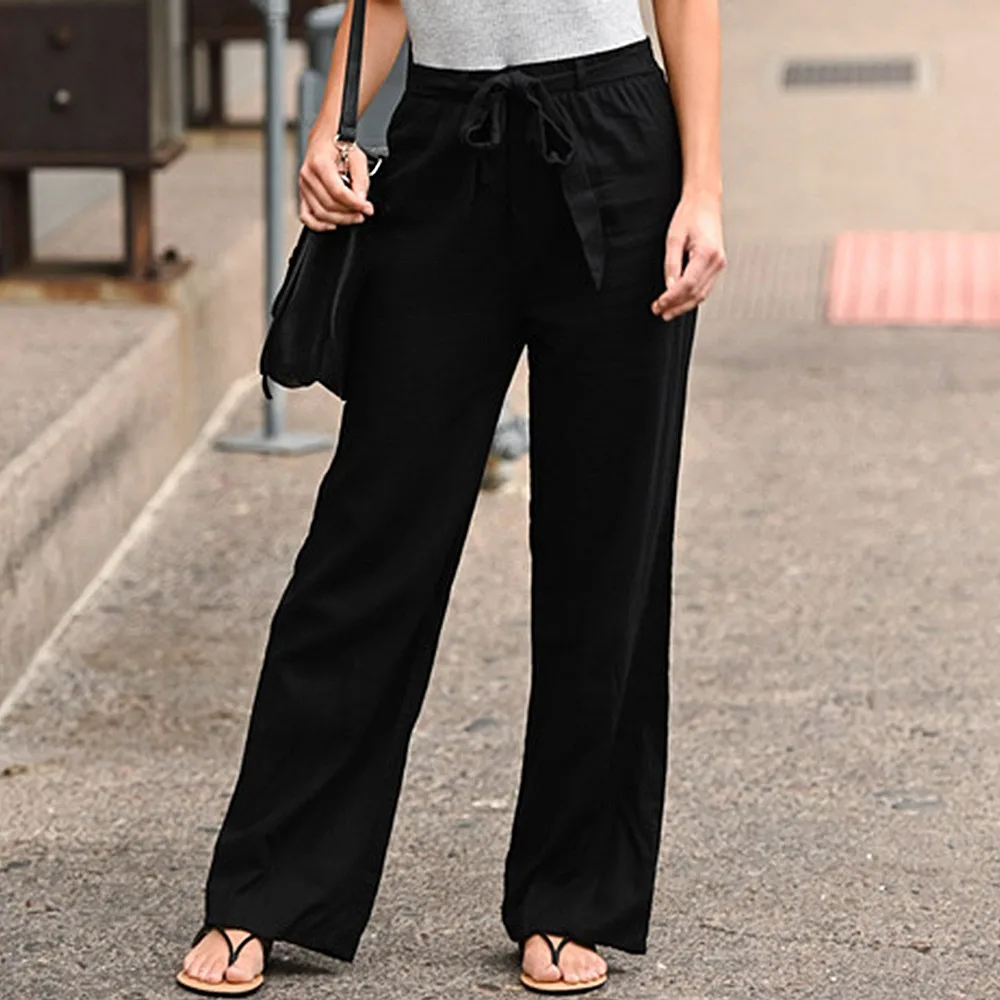 

Women Wide Leg Pants High Waist Belt Solid Color Casual Cotton Linen Straight Pants Female Ankle-length Length Trousers Pants
