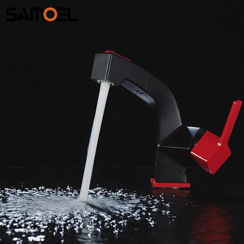 

Новинка 2020, модный матовый черный и красный выдвижной смеситель для раковины в ванной комнате, креативный выдвижной красный смеситель для раковины с одним отверстием, кран для воды