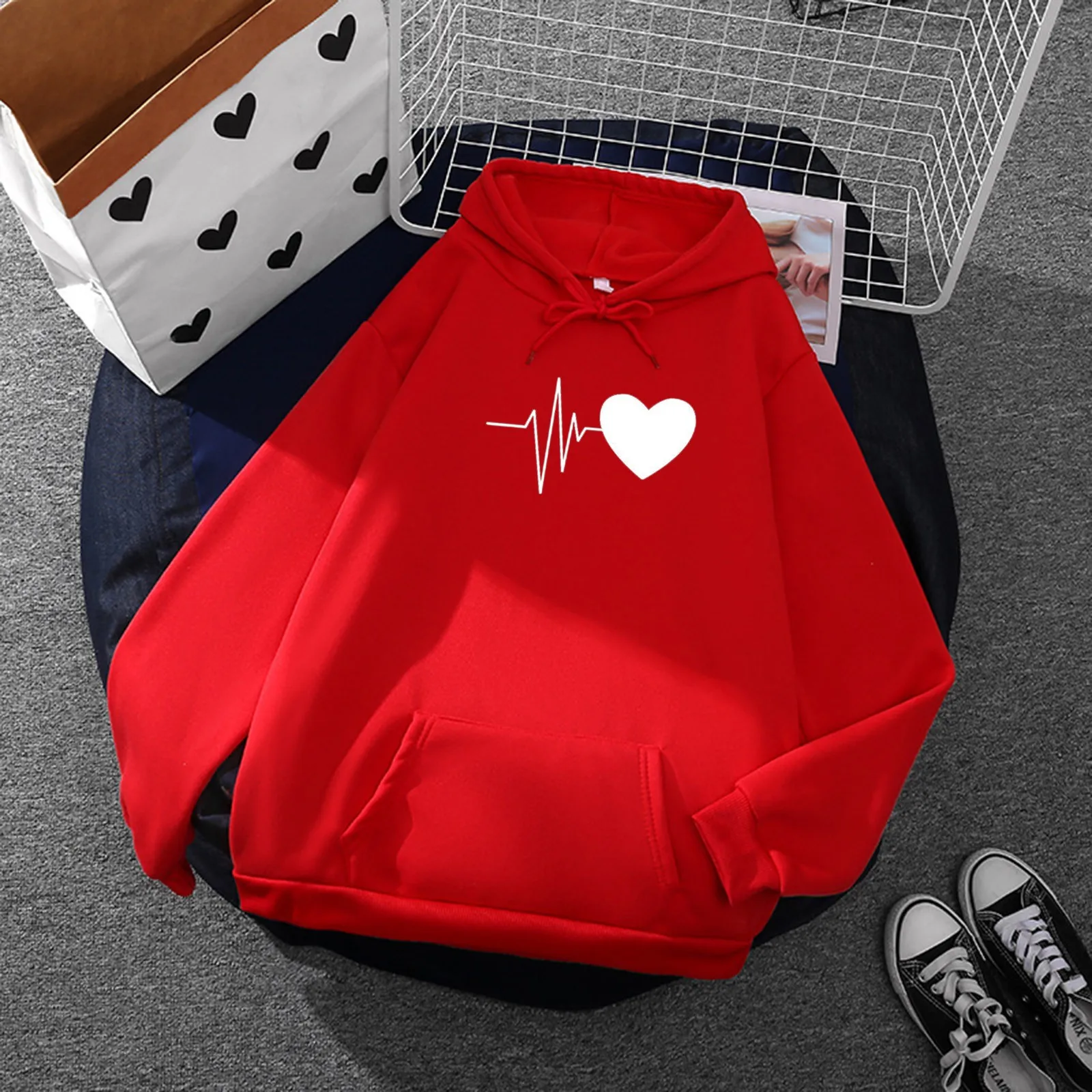 Fall Winter Hoodie Women Thick Plus Velevt Warm Oversized Sweatshirt Hoodies Casual Heartbeat Print Top Long Sleeve Loose Hooded