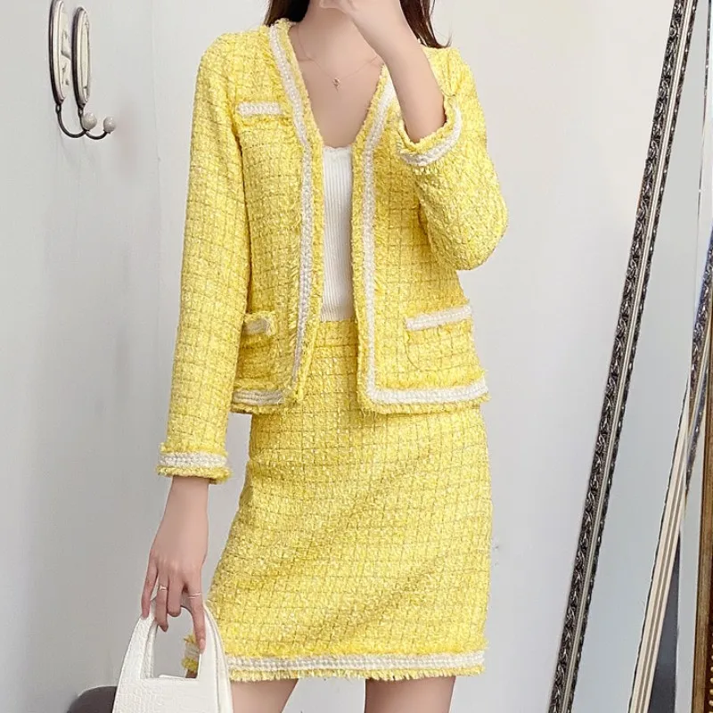 

Yellow Tweed Two Piece Sets Women Beading-Trim Female Mini-Skirt Suit V-Neck Houndstooth Tassel Fashion Streetwear Autumn Winter