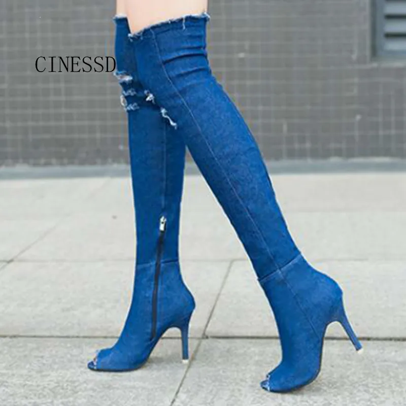 Ботфорты из джинсовой ткани летняя модная женская обувь на шпильке женские