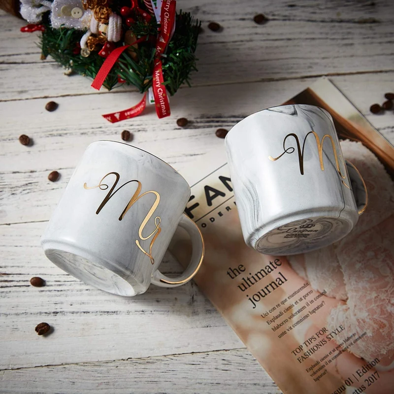 Промо акция! Набор кофейных кружек: мистер и миссис мраморные цветные