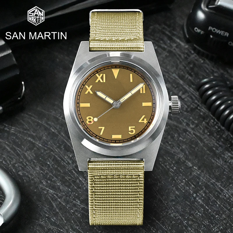 

San Martin Pilot Watch NH35 Vintage Military Enthusiasts Sapphire Crystal Automatic Mechanical Men Watches Nylon Strap 20Bar