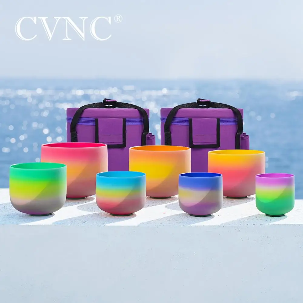 

CVNC 7-14 Inch Rainbow Crystal Singing Bowl 7pcs CDEFGAB Note Include 12" and 14" Carry Bags for Sleep Improvement Mind Focus