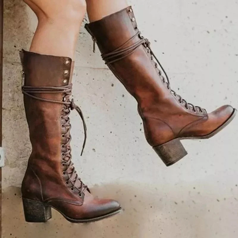 

Women's Pointed Toe Chunky Heels Knee-High Boots Vintage PU Leather High Tube Large Size Booties Ethnic Style Fall Winter