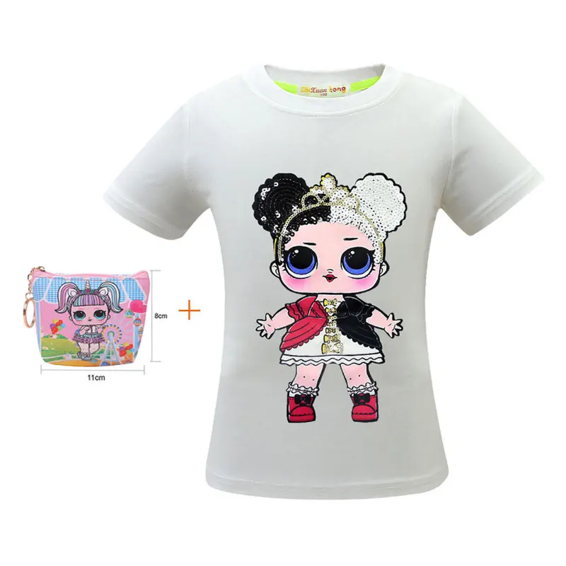 Новая футболка с короткими рукавами изображением куклы сюрприз и блестками для