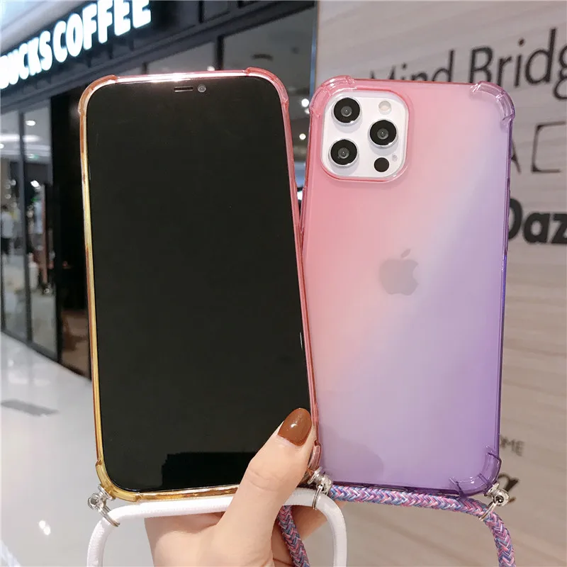 lanyard rainbow gradient phone cases for infinix hot 9 play note 7 8i zero 8 hot 10 lite shoulder rope cord soft cover shell free global shipping