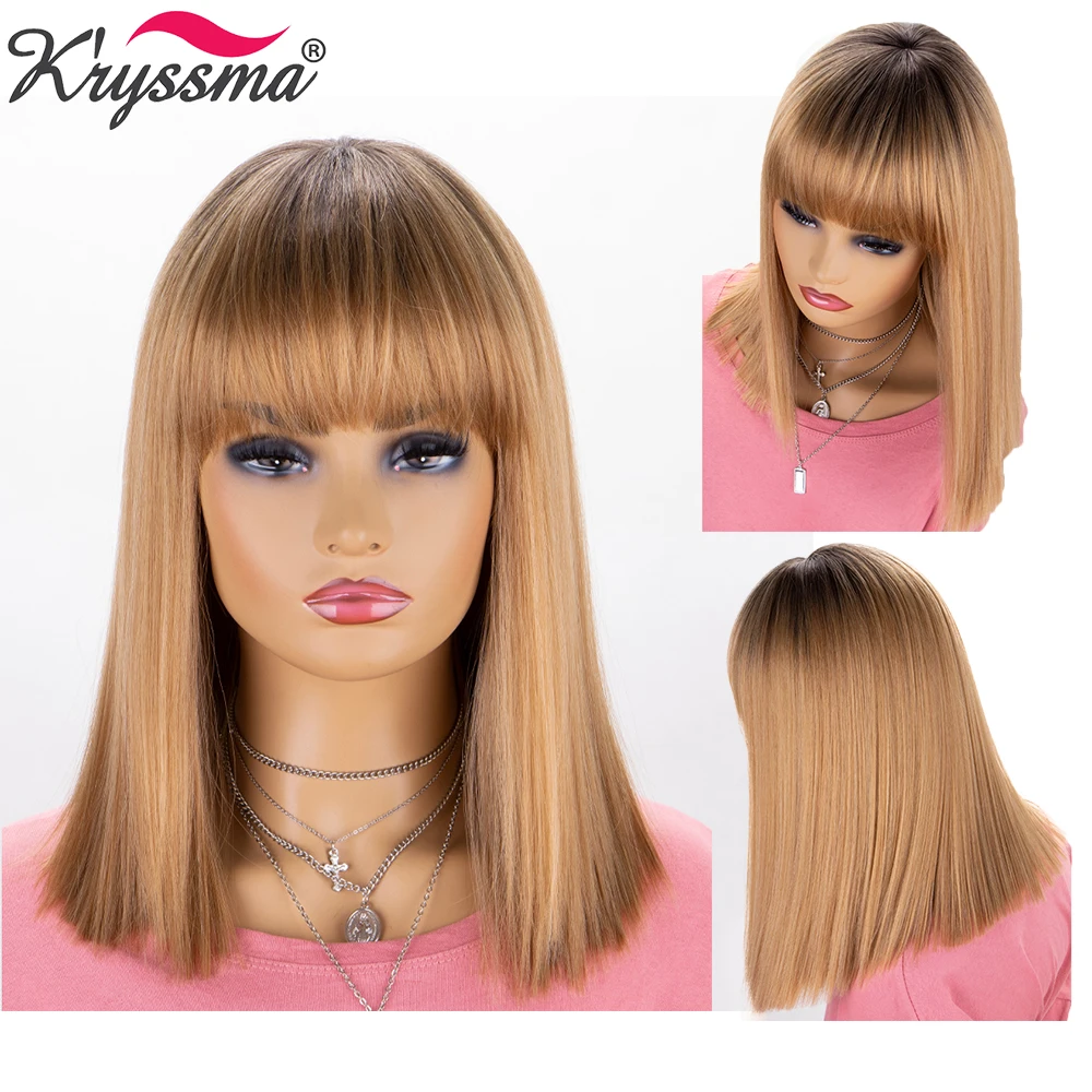 

kryssma Short Bob Golden Blonde Wigs For Withe/ Women Cosplay Synthetic Heat Resistant Women's Wigs With Bang Natural Straight