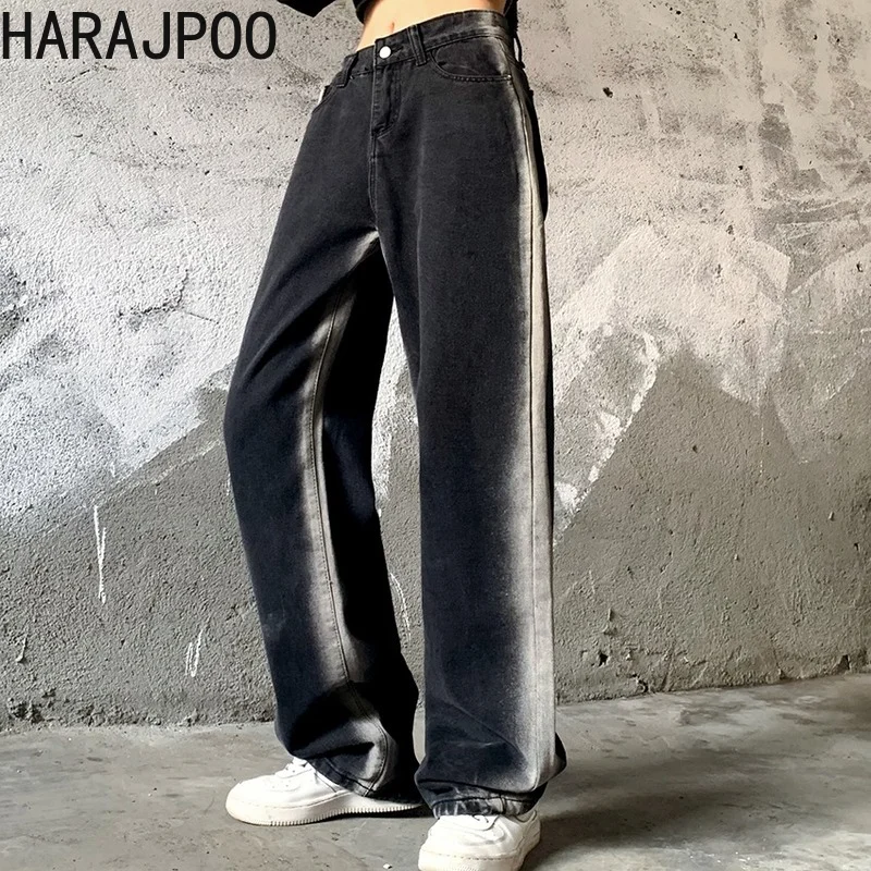 

Pants Couple Harajpoo 20221 Autumn Winter Korean Wild Wash Gradient Loose Jeans Tie Dye Straight Harajuku BF High Waist Trousers