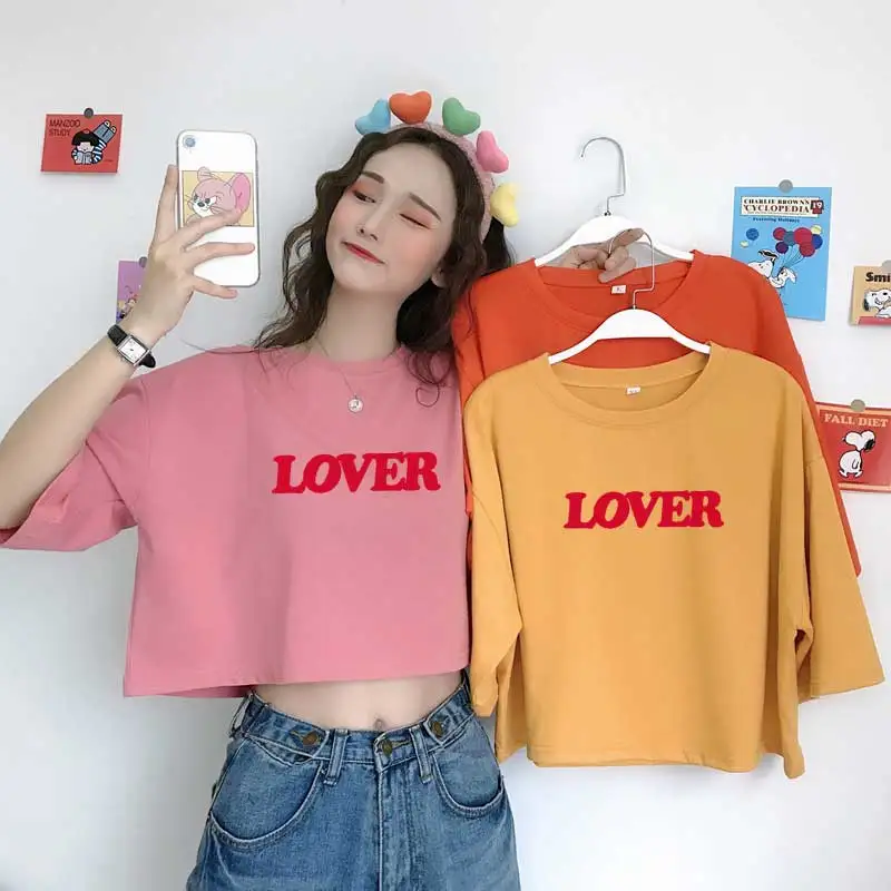 

y2k Crop Top Women's T-Shirt Bangtan Boys Kpop LOVER Letter Printed Short Sleeve Cotton Tee Shirt Korean Fashion Female Clothing