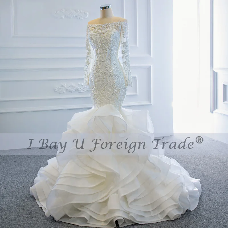 Off Shoulder Long Sleeve Mermaid Bridal Gown Special Design Lace Full Beading Wedding Dress African Bride Dress Woman 2020 New